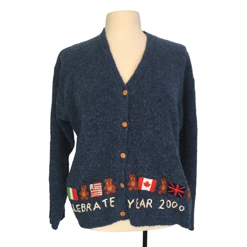 Marisa Christina Ugly Christmas Around The World Cardigan Sweater, 2000, Flag, L